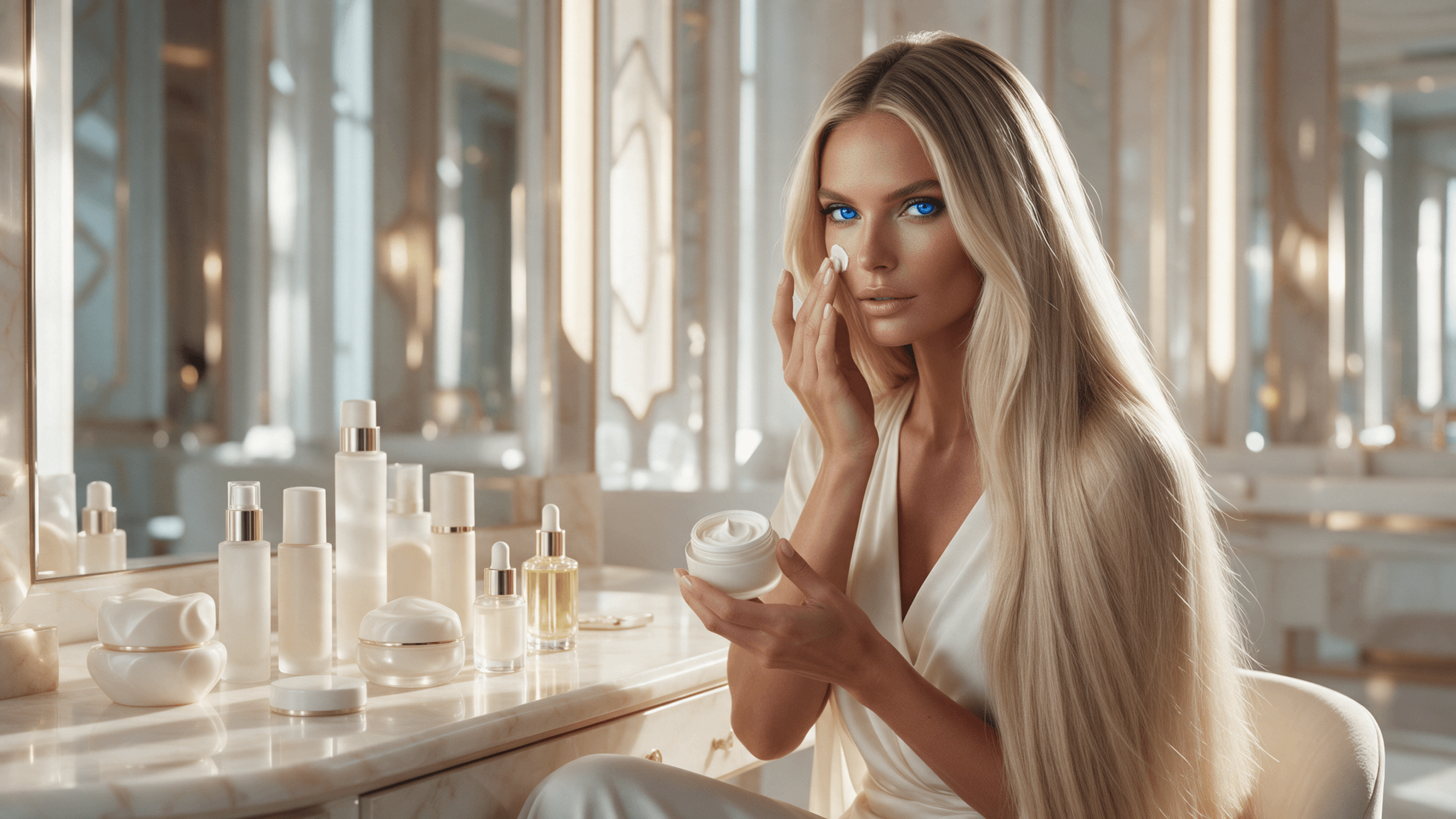 KI-generierte Beauty-Szene: Eine Frau tr&auml;gt Gesichtscreme vor einem Spiegel auf.
